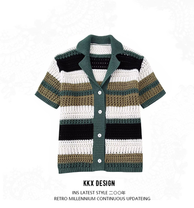 Fashion V-neck short-sleeved colorful striped single-breasted sweater