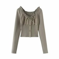 Retro casual ruffled drawstring button waist long sleeve sweater - Thumbnail 2
