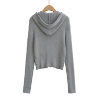 Solid color simple version zipper hooded cardigan long sleeve short knit sweater - Thumbnail 2