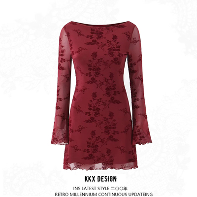 Vintage flocking pattern long sleeve dress - Thumbnail 4