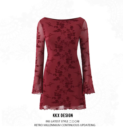 Vintage flocking pattern long sleeve dress