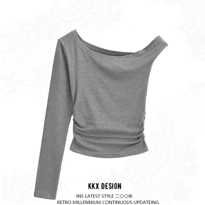 Off-shoulder personalized long-sleeved beveled bottoming shirt