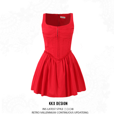 Square neck sexy slim sleeveless tutu sweet pleated mini dress - Thumbnail 4