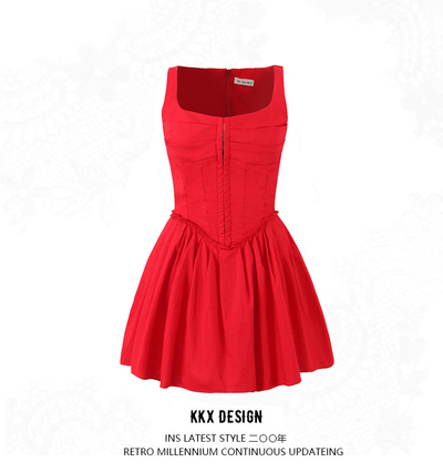 Square Neck Sexy Slim Sleeveless Tutu Sweet Pleated Mini Dress