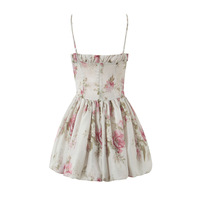Sweet Printed Suspender Dress French Square Neck Sexy Backless Slim Mini Skirt - Thumbnail 1