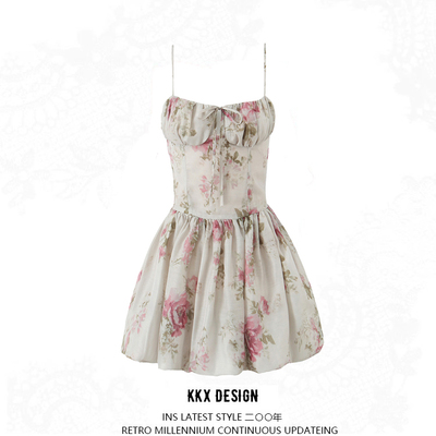 Sweet printed suspender dress french square neck sexy backless slim mini skirt - Thumbnail 4