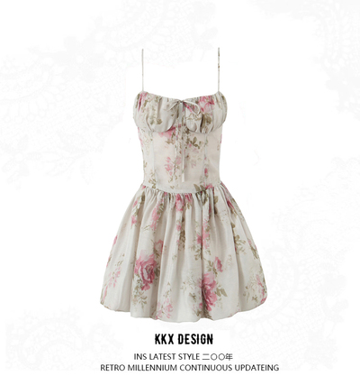 Sweet Printed Suspender Dress French Square Neck Sexy Backless Slim Mini Skirt