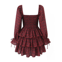 Retro Print Chic Puff Sleeve Cake Dress French Square Neck Halter Short Dress - Thumbnail 1