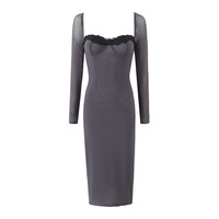Lace mid-length dress French square neck sexy slim party style hip skirt - Thumbnail 2