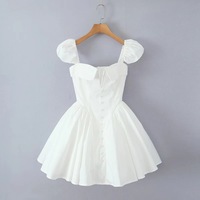 V-neck white waist short-sleeved slim short puffy dress - Thumbnail 2