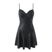 PU leather pleated dress Black sexy low-cut short waist suspender skirt - Thumbnail 1