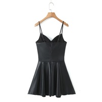 PU leather pleated dress Black sexy low-cut short waist suspender skirt - Thumbnail 2