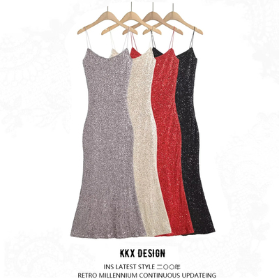 Sequined suspender dress midi-length hip skirt