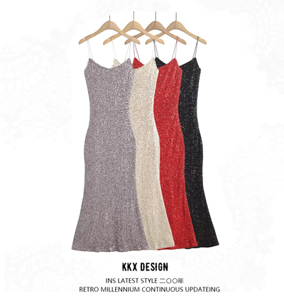 Sequined suspender dress Midi-length hip skirt