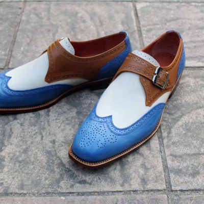 Crafted leather handmade men classic tri tone leather monk strap wingtip dress shoes