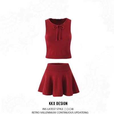 Bowknot round neck knitted sleeveless vest cuffed low waist anti-exposure pleated skirt suit