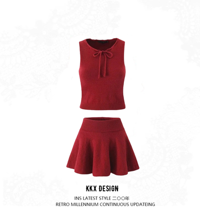 Bowknot round neck knitted sleeveless vest cuffed low waist anti-exposure pleated skirt suit