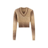 Retro V-neck long-sleeved sweater with shoulder pads and tie-dye high waist short pullover - Thumbnail 2