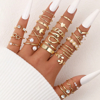  Women Butterfly Leaf Pearl Crystal Geometric Rings Trendy Finger Jewelry Vintage Gold Color Heart Rings Set 