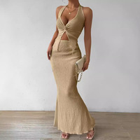 Twist V-Neck Backless Halter Neck Tops and High Waist Long Skirt Set for women 2 Piece Summer Outfits  - Thumbnail 1