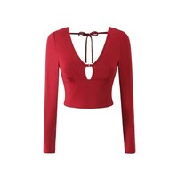 V-neck metal button high waist cropped navel-baring T-shirt top - Thumbnail 2