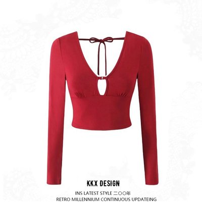 V-neck metal button high waist cropped navel-baring t-shirt top