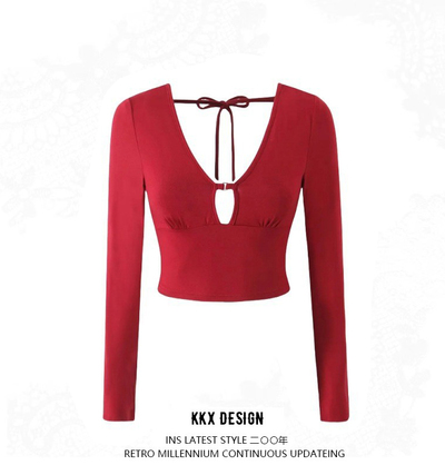 V-neck metal button high waist cropped navel-baring T-shirt top
