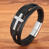 Stainless Steel Cross Design Classic  Men's Leather Bracelet - Thumbnail 1