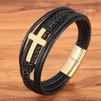 Stainless Steel Cross Design Classic  Men's Leather Bracelet - Thumbnail 5