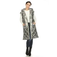 White Mark Women's Metallic Double Zipper Long Puffer Vest with Hood - Thumbnail 3