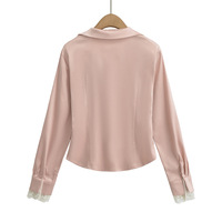 Lace trim lapel long sleeve shirt - Thumbnail 1