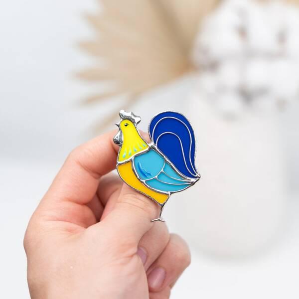 Custom brooch stained glass rooster jewelry Ukrainian gifts Rooster stained glass Ukrainian pin Rooster feathers