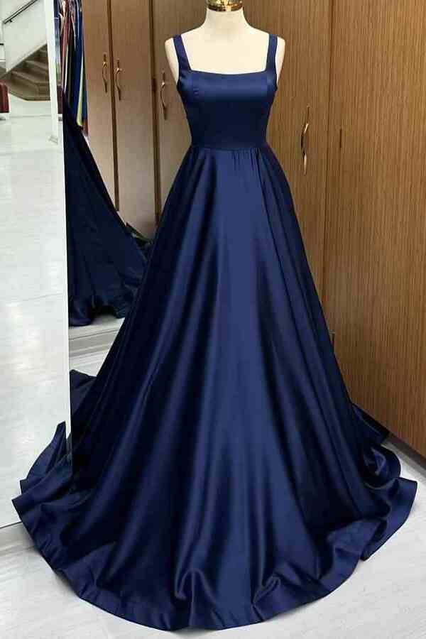 Princess A-Line Low Collar Navy Blue Long Evening Dress 