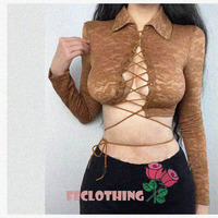 Versatile Lace Long Sleeve Tie Sexy Top - Thumbnail 1