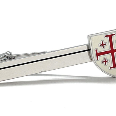 Crusaders shield tie clip jerusalem cross cut white and red enamel design silver tone 3d five-fold cross tie bar