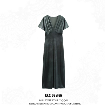 Velvet v-neck short-sleeved long dress