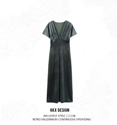 Velvet V-neck short-sleeved long dress