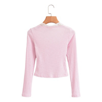 Lace Panel Square Neck Long Sleeve T-shirt Low Waist Bow Decorated Slim Fit Hottie Shorts Set - Thumbnail 3
