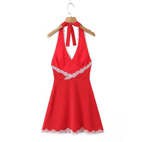 Retro lace stitching deep V-neck halter dress - Thumbnail 1