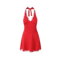 Retro lace stitching deep V-neck halter dress - Thumbnail 3