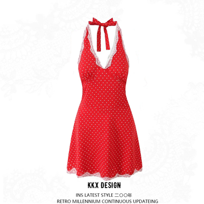 Retro lace stitching deep v-neck halter dress