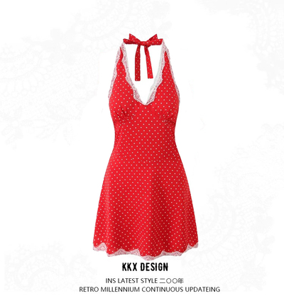 Retro lace stitching deep V-neck halter dress