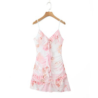 Sexy V-neck ear-edge ribbon dress with pleated slim irregular short skirt - Thumbnail 1