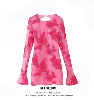 Three-dimensional floral long-sleeved backless dress