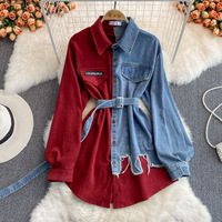  Fashion Women Denim Patchwork Lapel Dress irregular mid length shirt - Thumbnail 5