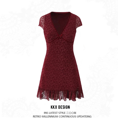 Sexy deep v neck short sleeve dress bow waist ruffled hip skirt
