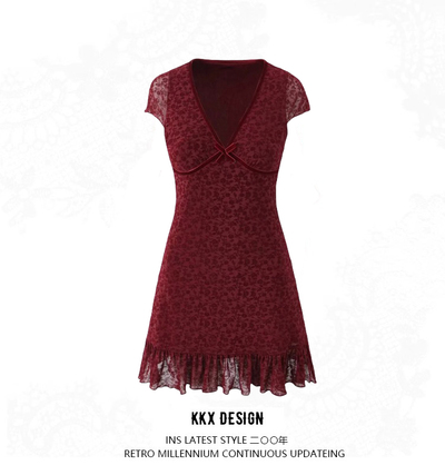 Sexy Deep V Neck Short Sleeve Dress Bow Waist Ruffled Hip Skirt