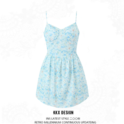 Sexy floral suspender dress v-neck waist tube top puffy mini skirt