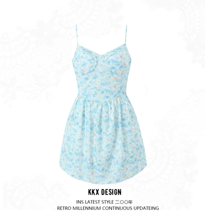 Sexy Floral Suspender Dress V-Neck Waist Tube Top Puffy Mini Skirt