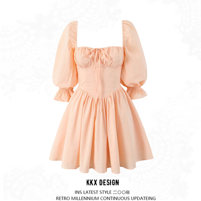 Collar stitching lace puff sleeve dress chest pleated tie waist puffy princess skirt